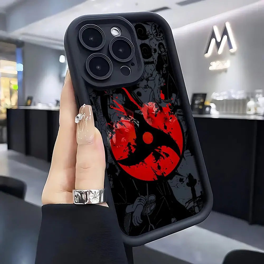 Black soft silicone phone case with bold red and black sharingan eye graphic on the back for naruto fans