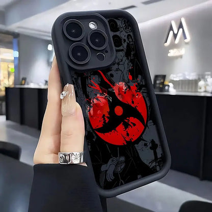 Black soft silicone phone case with bold red and black sharingan eye graphic on the back for naruto fans