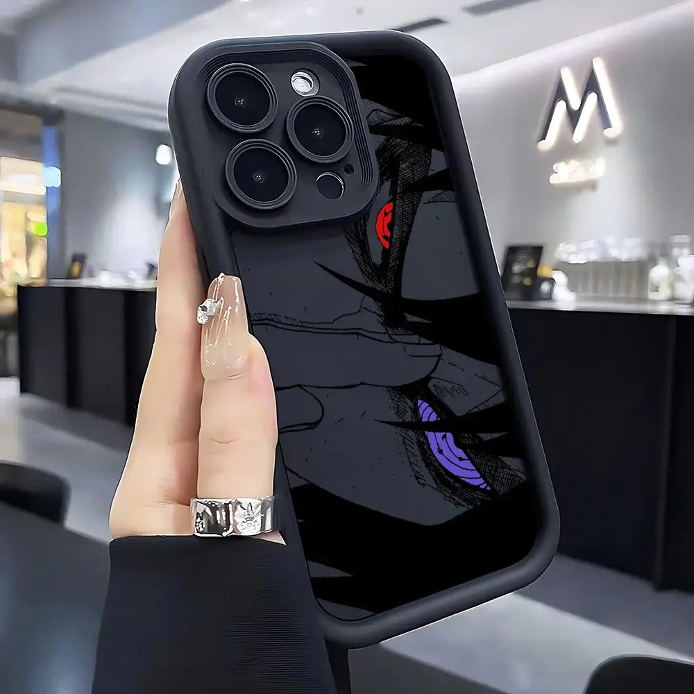 Black soft silicone naruto phone case with glossy anime character design featuring red and purple eyes on back side