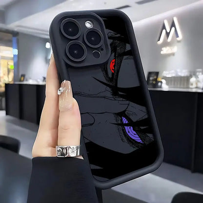 Black soft silicone naruto phone case with glossy anime character design featuring red and purple eyes on back side