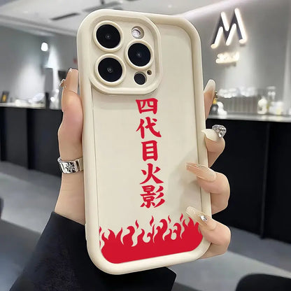 Back side of cream-colored soft silicone phone case with bold red vertical japanese characters and flame design for naruto