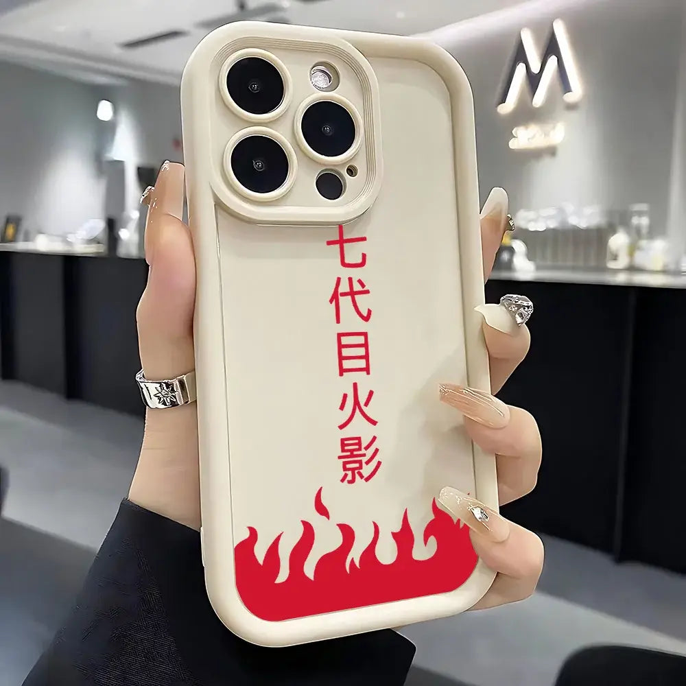 Cream-colored soft silicone naruto phone case with red vertical japanese text and flame design on the back side