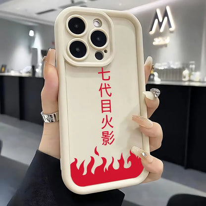 Cream-colored soft silicone naruto phone case with red vertical japanese text and flame design on the back side