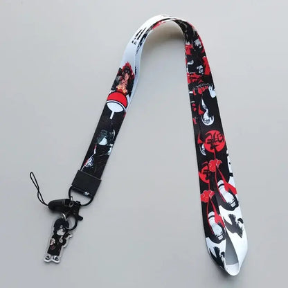 Black and red printed naruto phone strap neck lanyard with cute cartoon anime characters and silver keychain charm