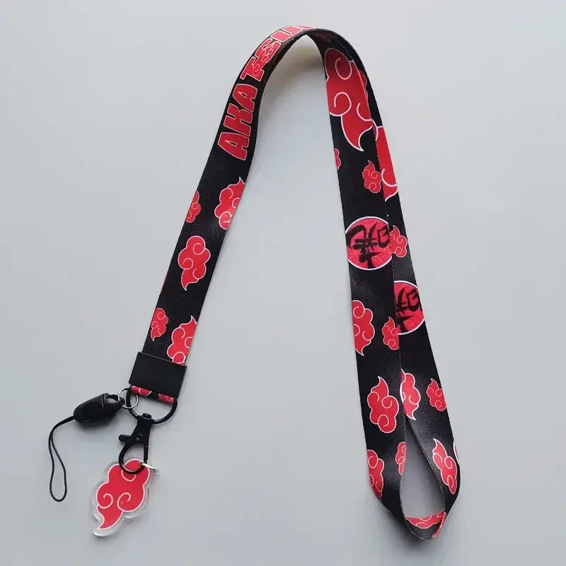 Black Naruto phone strap neck lanyard with red cloud patterns and clear acrylic cloud charm cute cartoon accessory