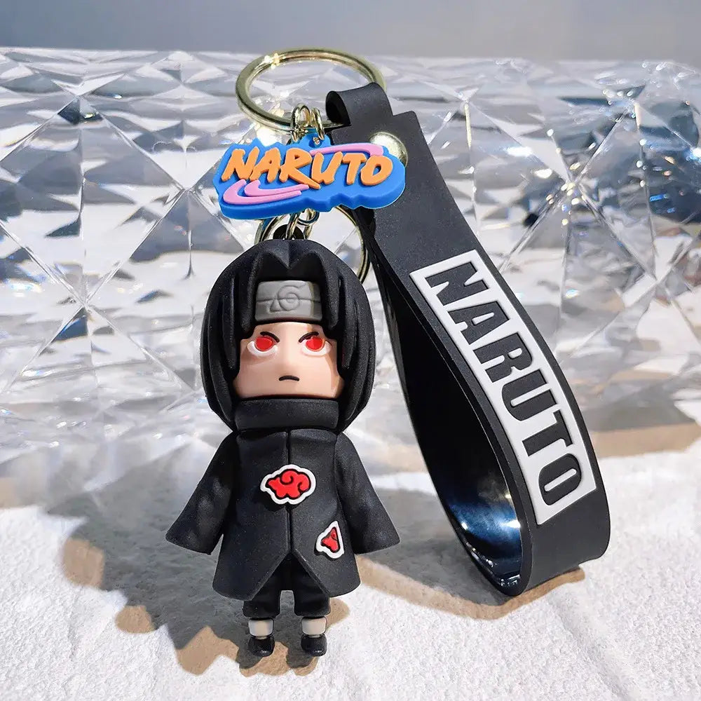 Black rubber naruto pvc silicone keychain with itachi uchiha figurine red eyes and cloak with red cloud insignias