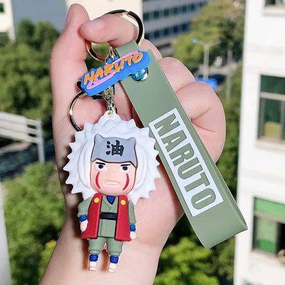 Naruto pvc silicone keychain featuring chibi jiraiya with white hair, grey headband, green outfit, and olive strap