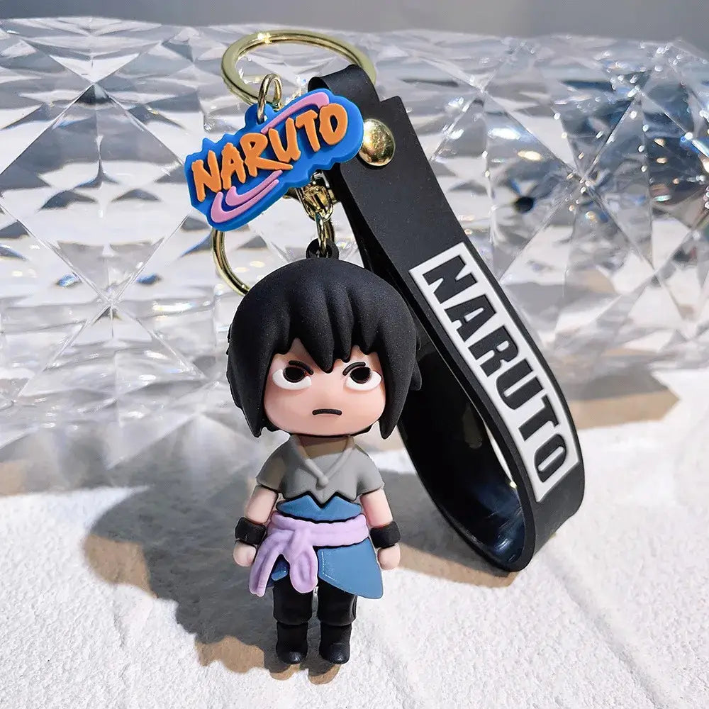 Naruto naruto pvc keychain featuring chibi sasuke uchiha in gray and blue pvc silicone with black wrist strap