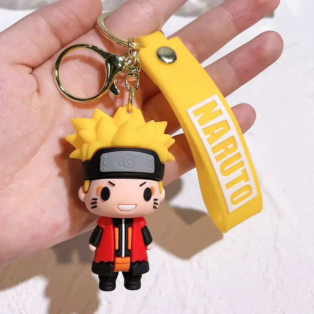 Naruto pvc silicone keychain with yellow and red pvc figure and silicone strap featuring white Naruto letters