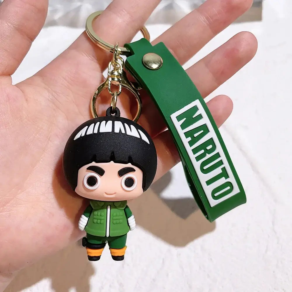 Green rubber naruto pvc keychain with black hair and green outfit made of pvc silicone for collectible use