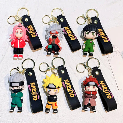 Naruto pvc keychain with colorful pvc silicone figurines and black leather straps for anime fans