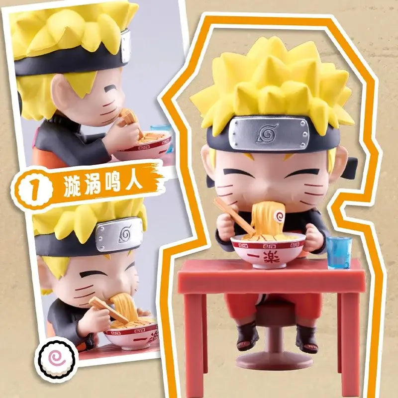Chibi-style naruto figurine with spiky yellow hair and black headband sitting at red table eating ramen blind box handmade ornament