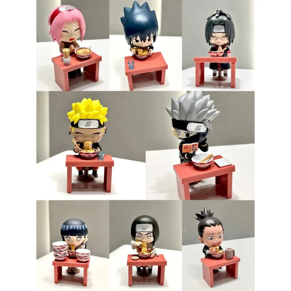 Chibi-style naruto figurines with distinct hair colors eating ramen at red table in naruto ramen blind box handmade ornament