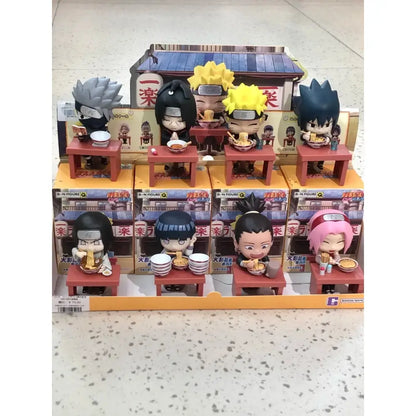 Chibi-style naruto colorful plastic figurines at red tables with ramen in a blind box handmade ornament set