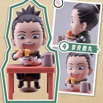Chibi-style neji hyuga figurine blind box handmade ornament eating ramen at red table with chopsticks in ninja uniform