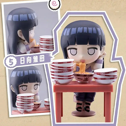 Chibi-style hinata hyuga figurine with dark blue hair seated at a red table with stacked bowls in a Naruto blind box handmade ornament