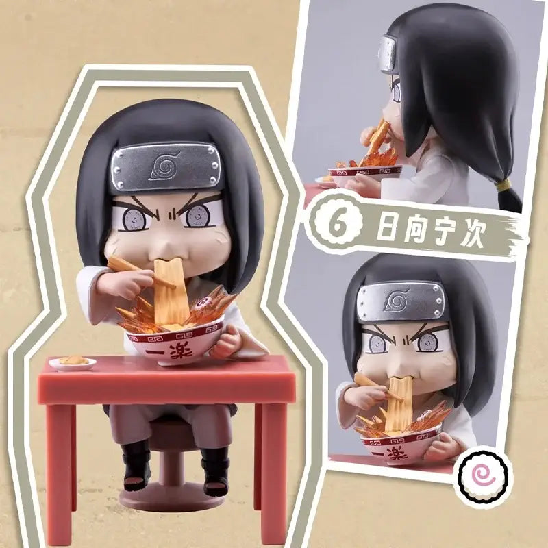 Chibi-style hinata hyuga figurine eating noodles with determined look in naruto ramen blind box handmade ornament