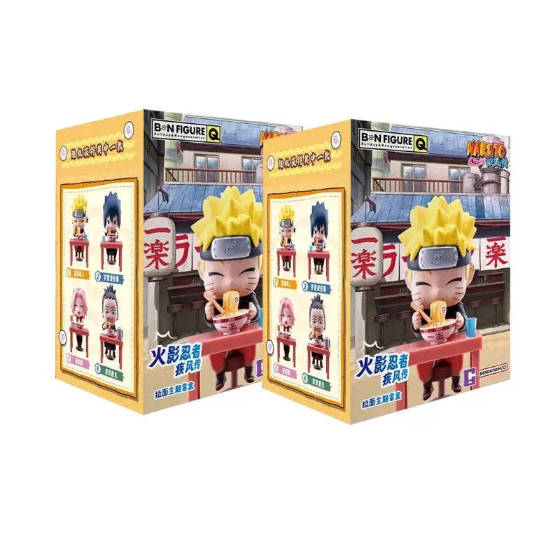 Yellow and black naruto blind box handmade ornament with spiky blonde hair eating ramen in banpresto q series box