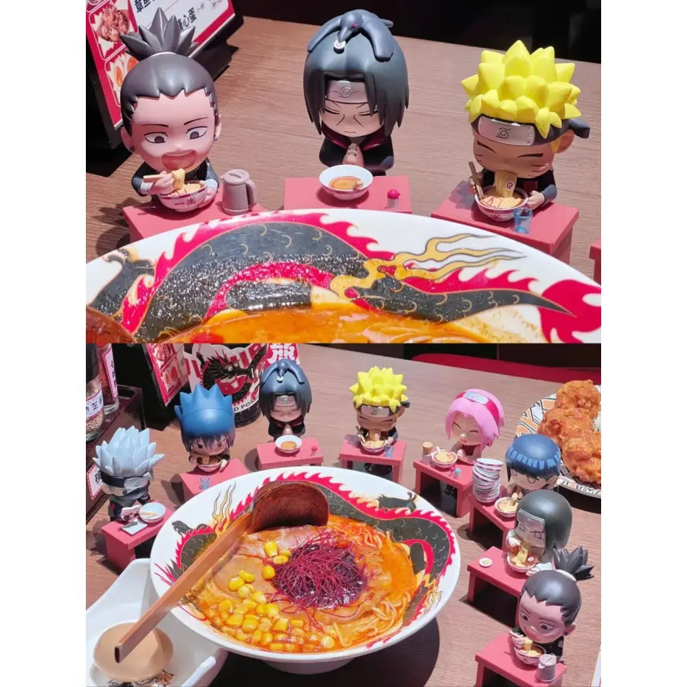 Orange ramen bowl with black and red dragon design filled with noodles corn and purple toppings handmade ornament blind box
