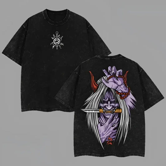 Black distressed cotton t-shirt featuring detailed purple and silver oni with red horns and knife for reaper death seal fans