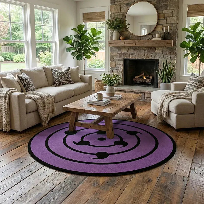 Purple naruto rinnegan area rug with black concentric spiral design non-slip carpet for indoor use