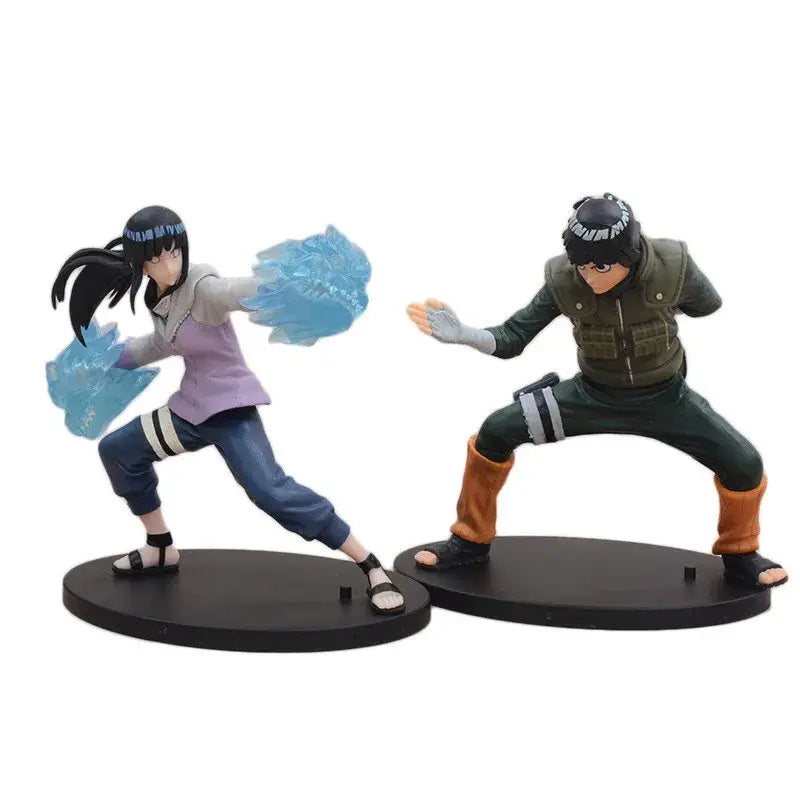 Two detailed naruto action figures including rock lee in green vest made of high-grade pvc standing on circular bases