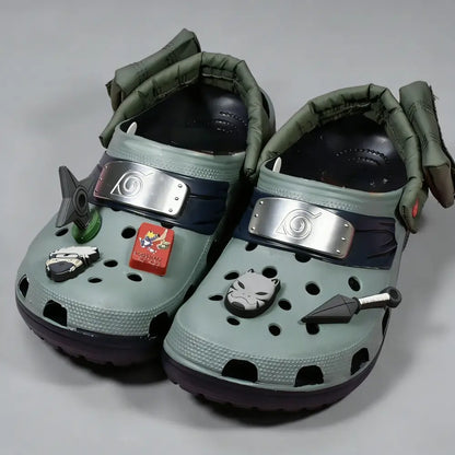 Olive green naruto sasuke beach sandals non slip summer crocs clogs with metallic headbands red box and character charms
