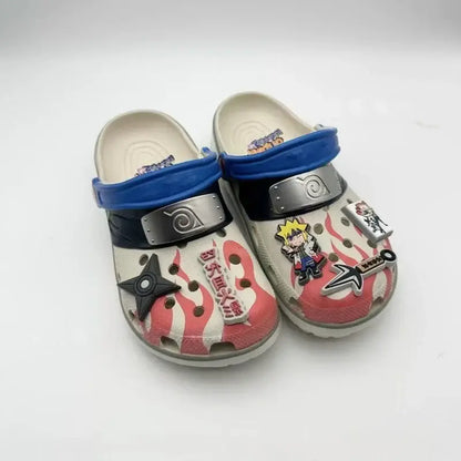 Naruto sasuke beach sandals white and red flame crocs clogs with black silver and blue character charms non slip slippers