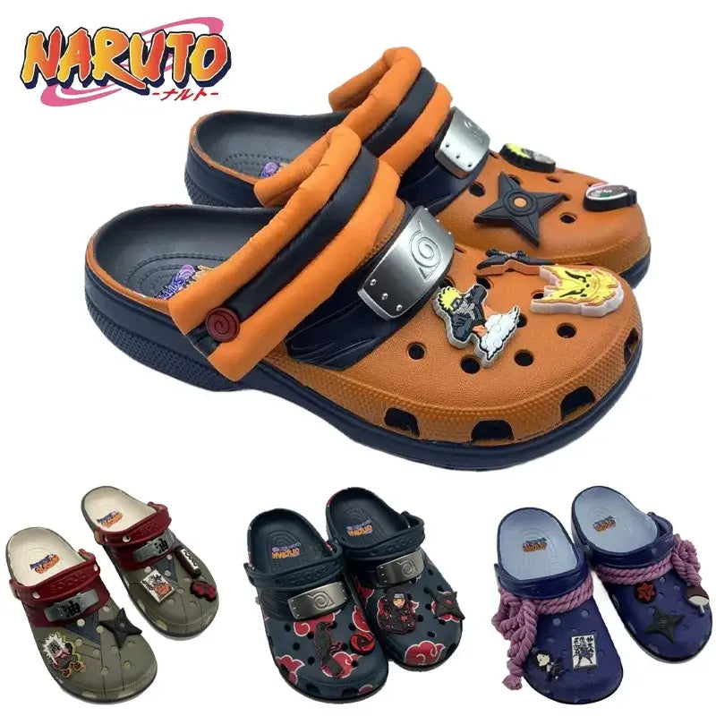 Orange and navy blue naruto sasuke beach sandals non-slip summer crocs clogs with character charms and metallic accents