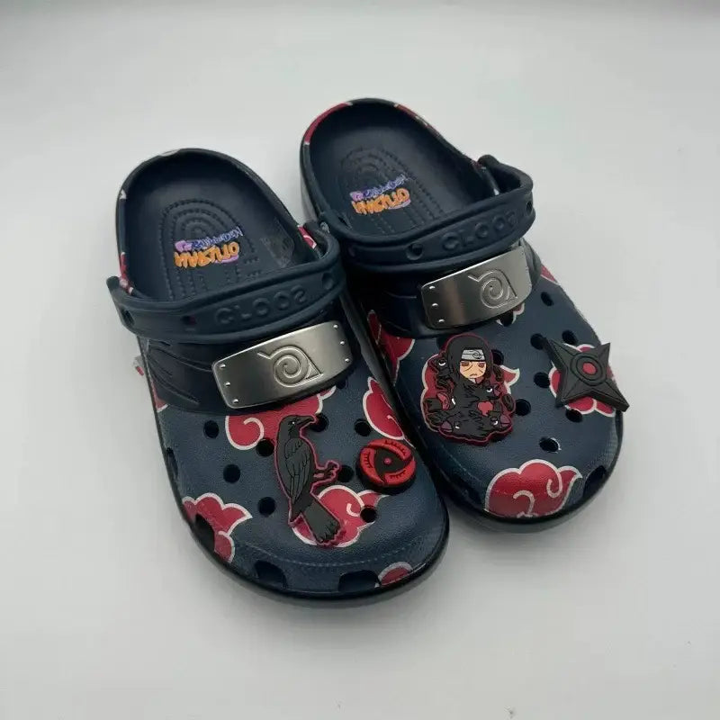 Dark blue crocs clogs with red cloud patterns and naruto-themed charms for non-slip summer beach sandals
