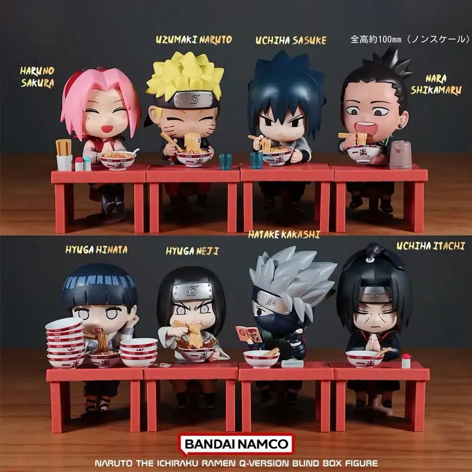 Naruto and sasuke blind box figure set featuring chibi-style ramen-themed collectible figures in vibrant colors for desktop display