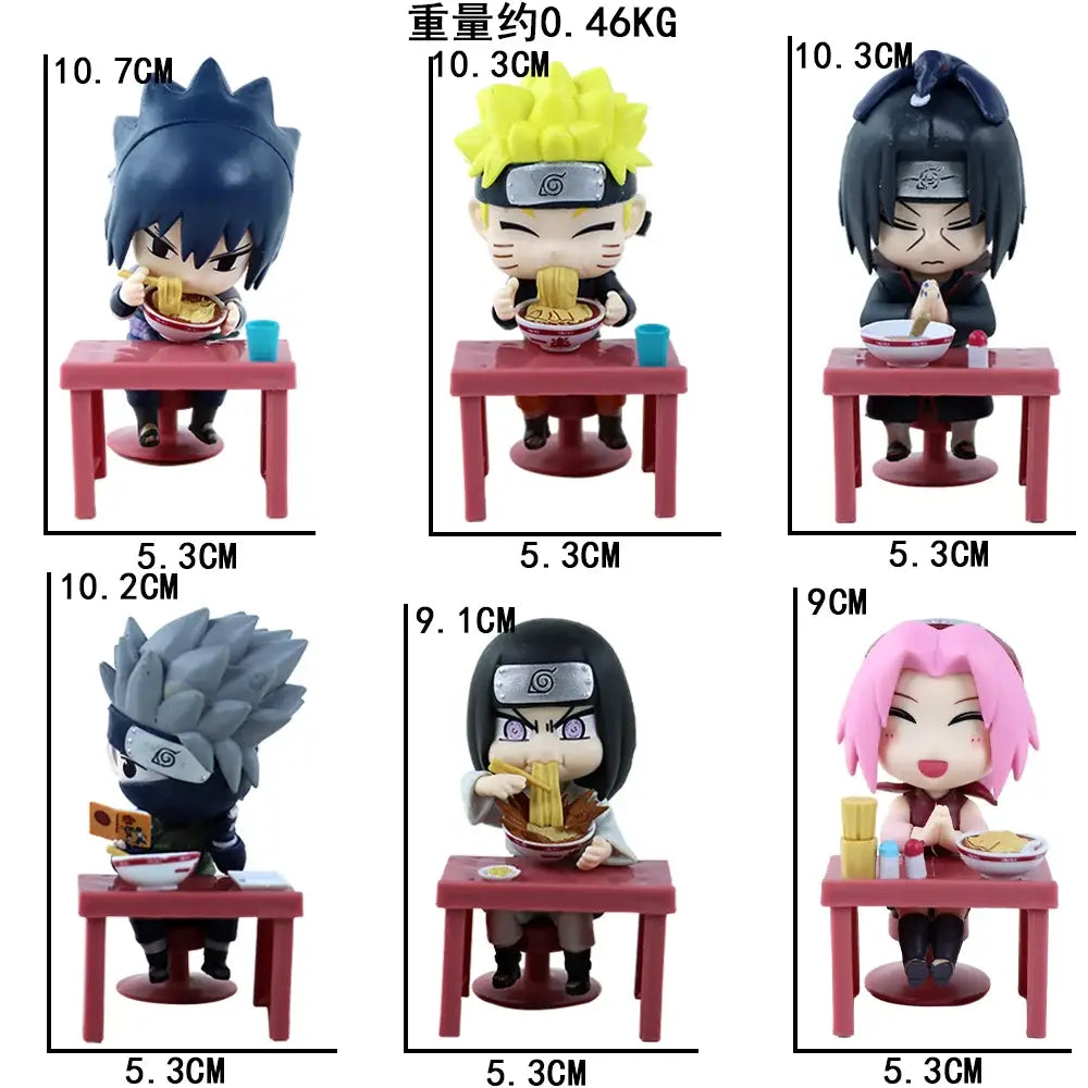 Six chibi-style naruto and sasuke blind box figures seated at red tables in q version desktop display set
