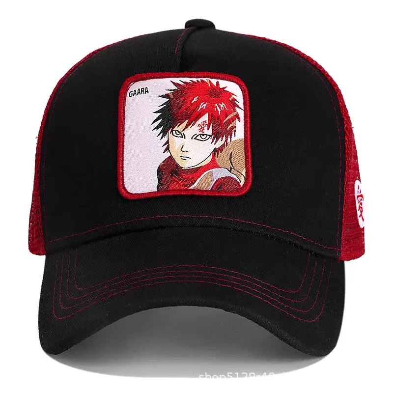 Black and red cotton embroidered baseball cap featuring a gaara patch with spiky red hair from naruto