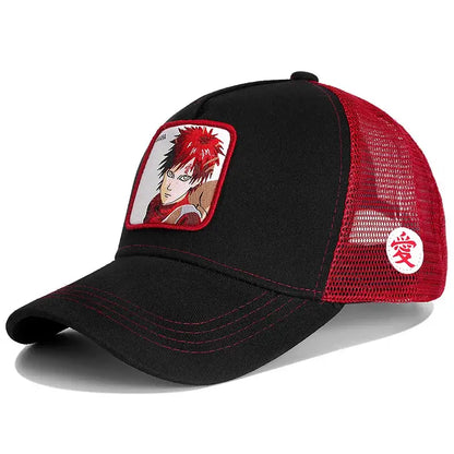 Black and red cotton embroidered baseball cap featuring sasuke uchiha patch with spiky red hair and pink stitching