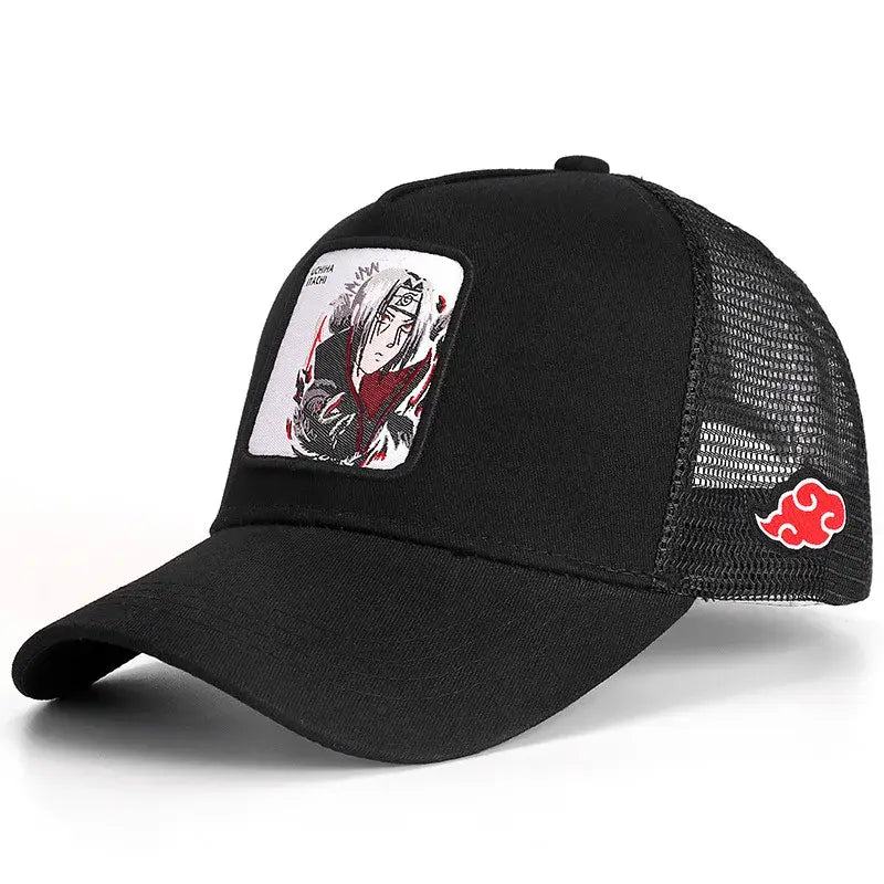 Black Naruto Sasuke embroidered baseball cap with white patch and red cloud on mesh back cotton trucker style