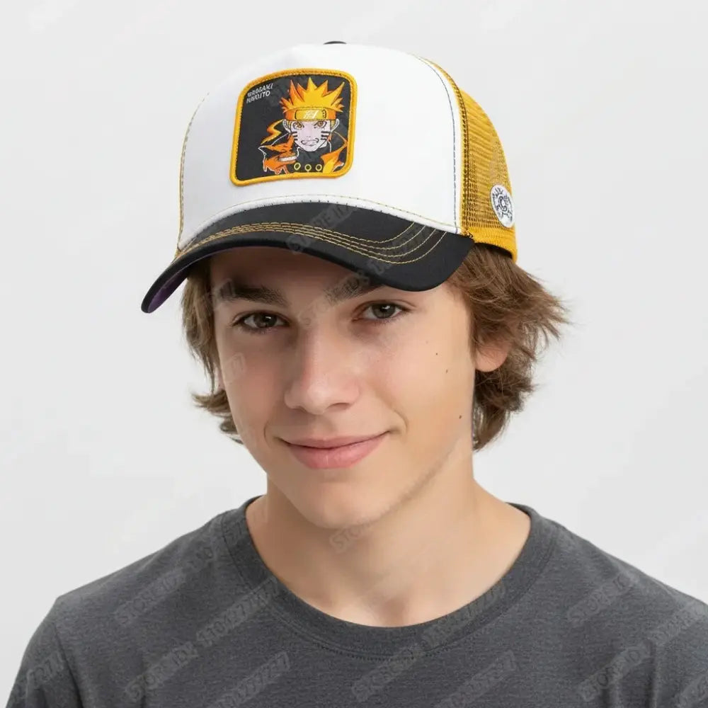 White and yellow cotton embroidered baseball cap with black brim featuring naruto uzumaki patch design