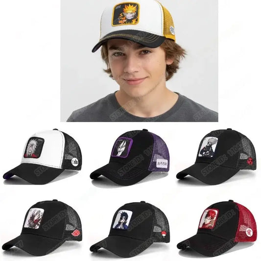White and yellow cotton embroidered baseball cap with black patch featuring Naruto Sasuke anime character design