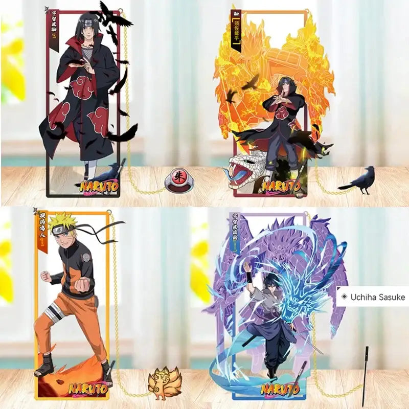 Naruto sasuke itachi metal bookmark set featuring vibrant colorful anime character standees with distinct designs