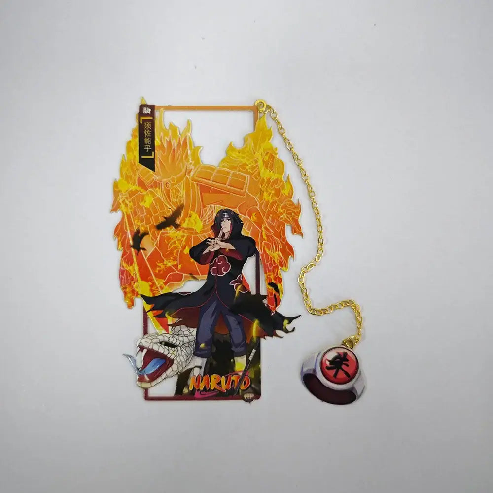 Orange and black acrylic bookmark featuring itachi uchiha fiery design with gold chain and red silver pendant in naruto sasuke itachi set