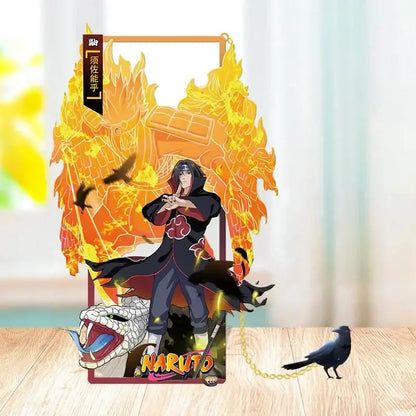 Orange and black acrylic stand featuring naruto sasuke itachi character with fiery background from metal bookmark set gift