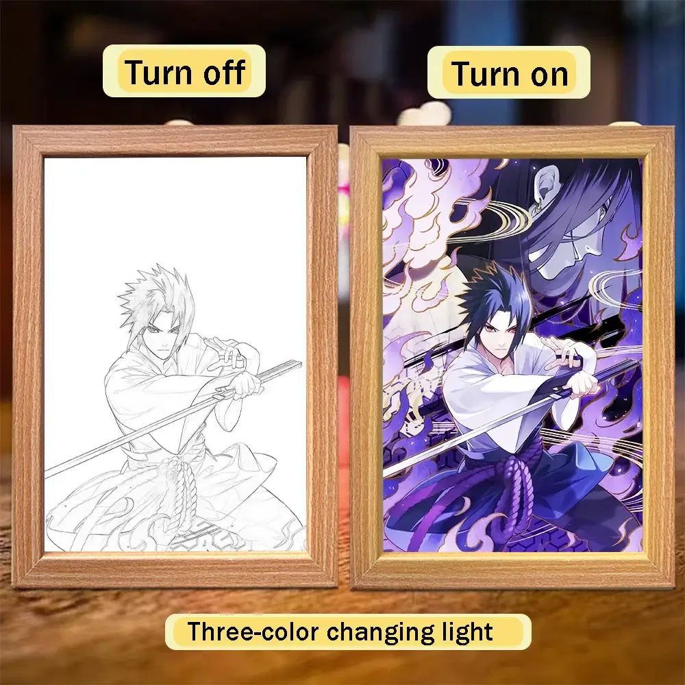 Wooden-framed naruto sasuke led light painting frame with three-color changing illumination for moon night light