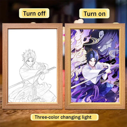 Wooden-framed naruto sasuke led light painting frame with three-color changing illumination for moon night light