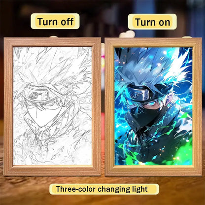 Wooden-framed naruto sasuke led light painting frame with three-color changing illumination for moon night light