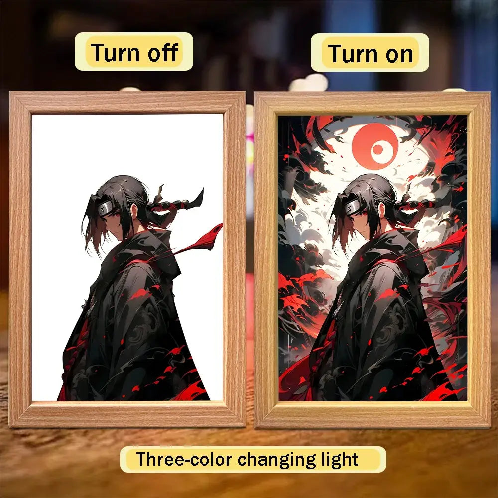 Wooden-framed naruto sasuke led light painting frame with black and red character against fiery background