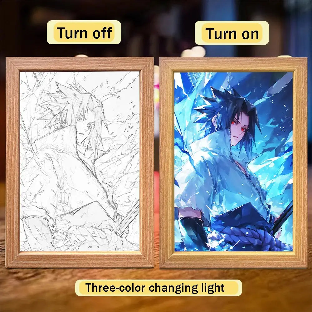 Wooden-framed naruto sasuke led light painting frame with glowing blue and white icy effects for moon night light