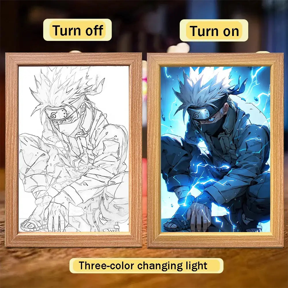 Wooden-framed naruto sasuke led light painting frame with dynamic blue lightning design and three-color changing illumination