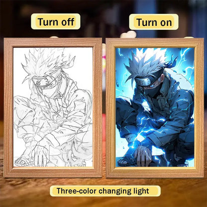 Wooden-framed naruto sasuke led light painting frame with dynamic blue lightning design and three-color changing illumination