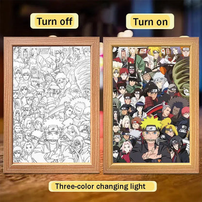 Wooden-framed naruto sasuke led light painting collage art with three-color changing light painting frame feature