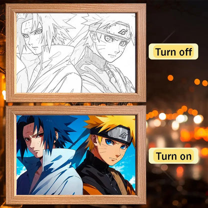 Wooden framed naruto sasuke led light painting frame showing black and white coloring and vibrant colored versions