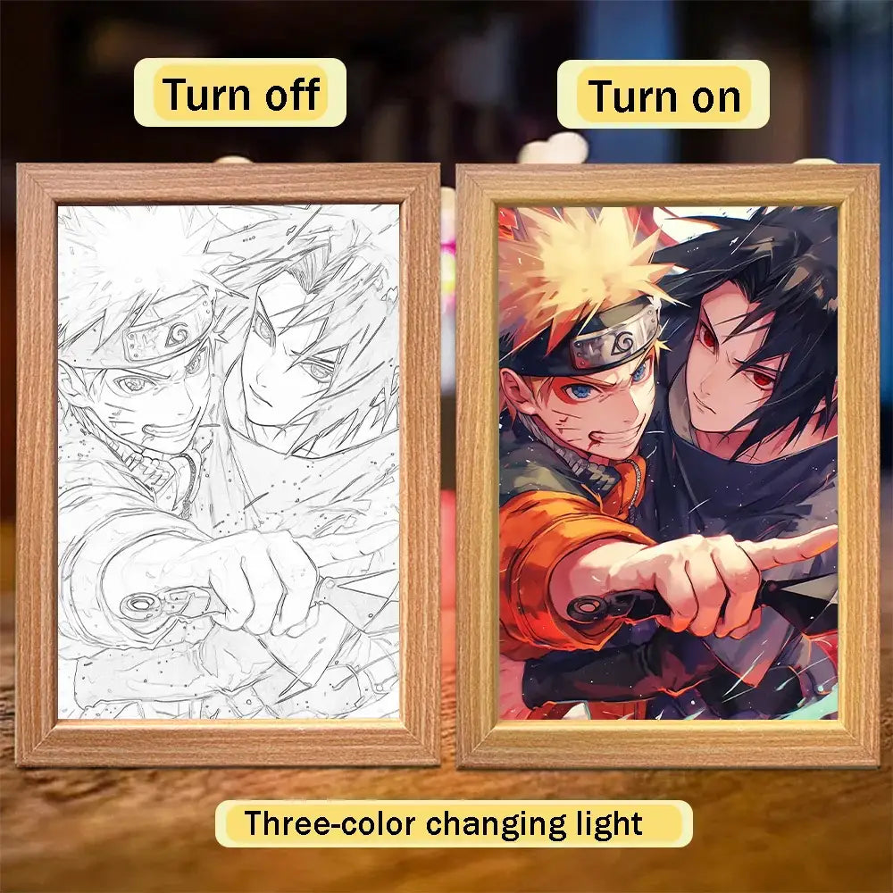 Wooden-framed naruto sasuke led light painting frame with three-color changing moon night light illumination